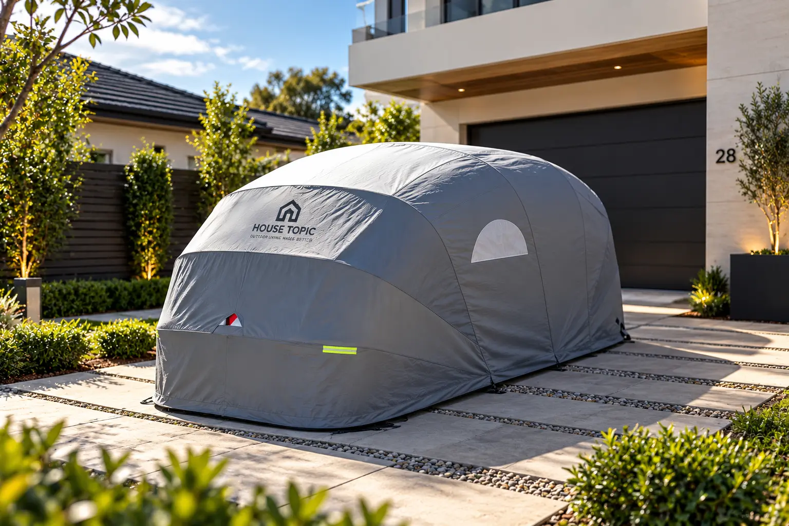 Premium grey foldable car garage shelter installed on a modern residential driveway with landscaped surroundings