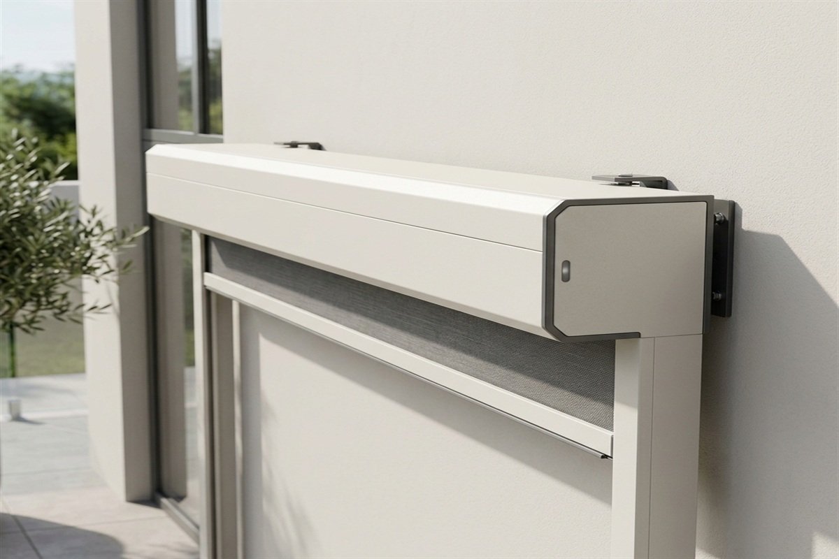 White powder-coated aluminium frame for motorised outdoor awning