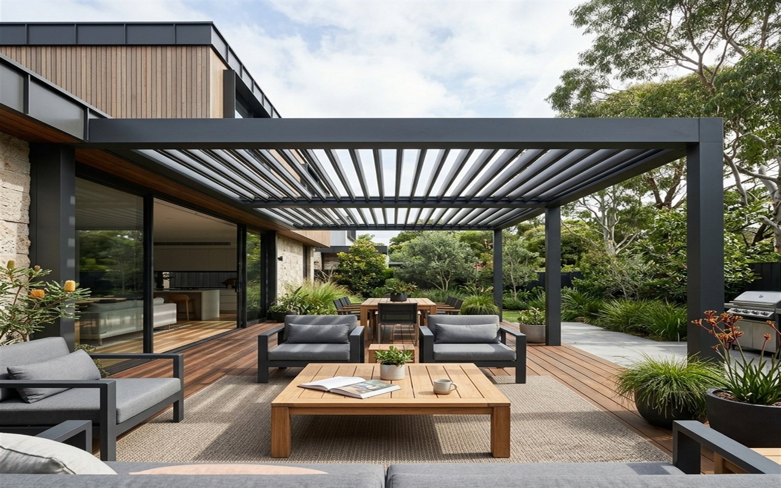 Dark grey motorised louvered pergola in a modern outdoor living space