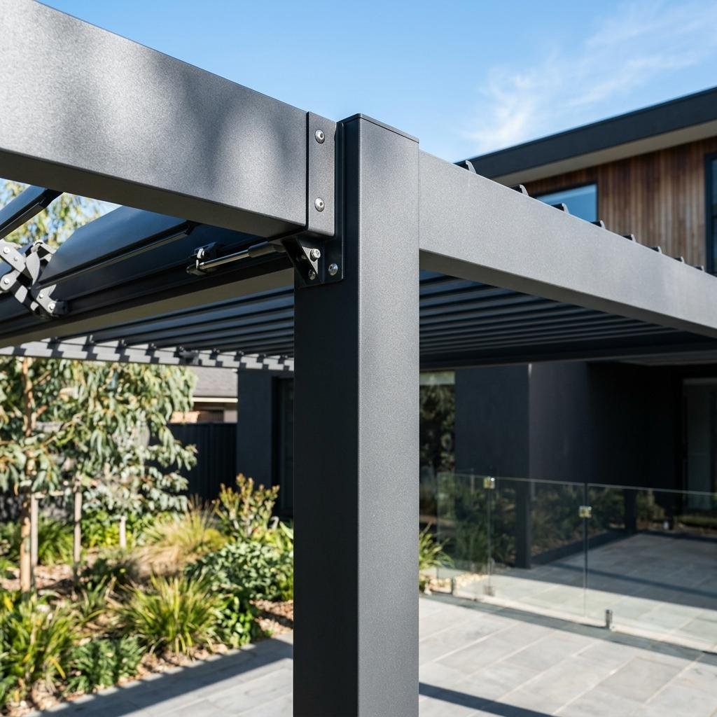 Dark grey motorised louvered pergola frame with adjustable aluminium louvres