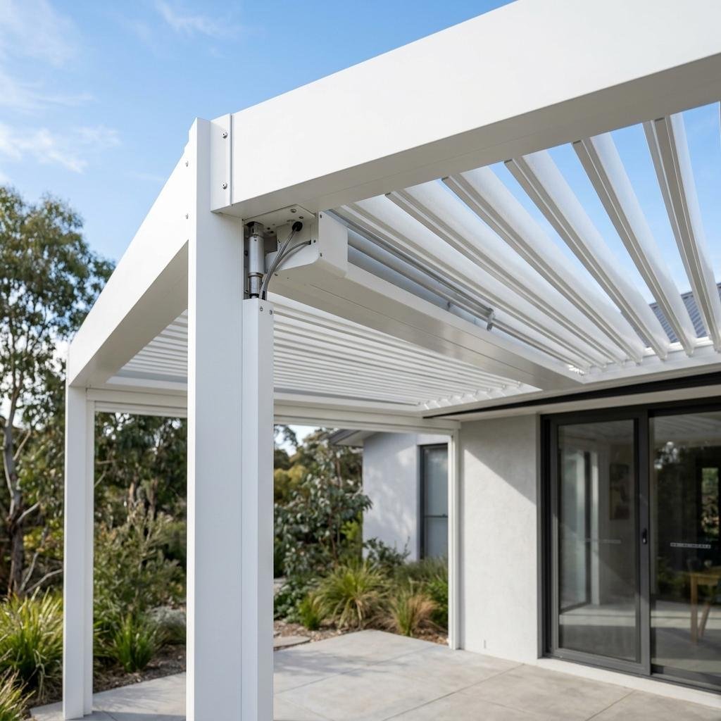White motorised louvered pergola frame with adjustable aluminium louvres