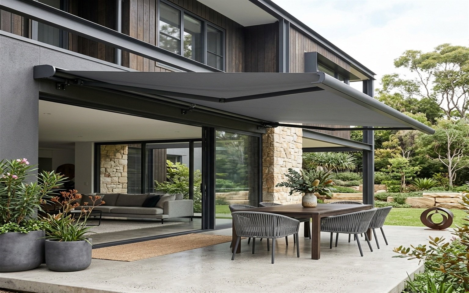 House Topic motorised awning installation at a contemporary Australian home