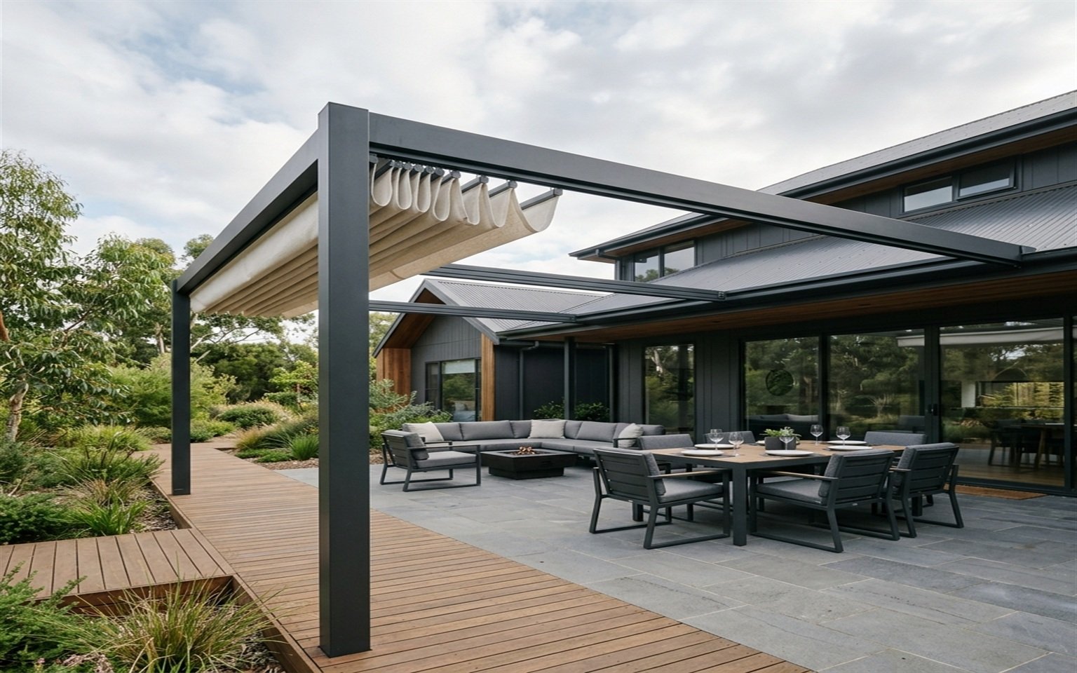 Motorised retractable pergola covering a modern outdoor entertaining area