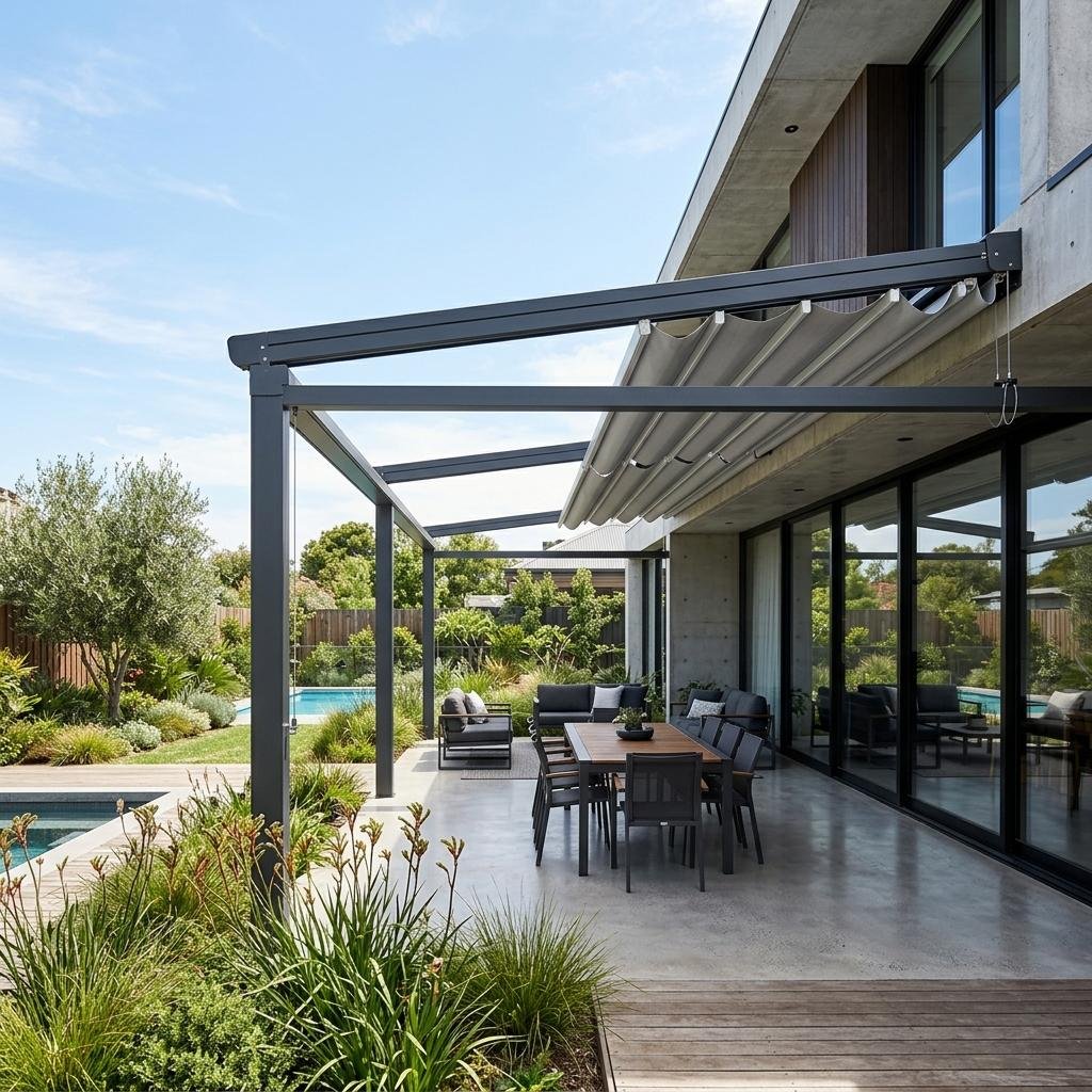 Dark grey motorised retractable pergola extending over a premium outdoor living area at a modern Australian home